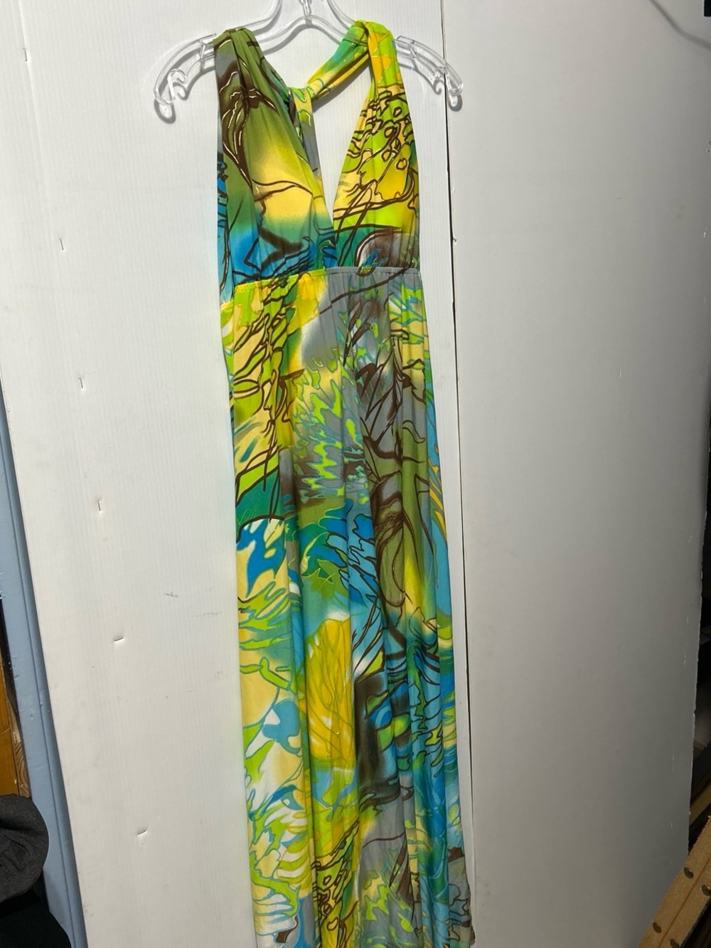 Sleeveless Womens Maxi Dress in Yellow Blue Green Print